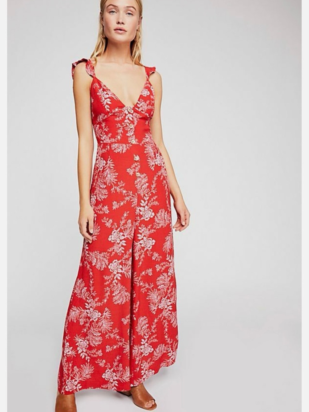 Free People Red Floral Button-Front Wide-Leg Jumpsuit